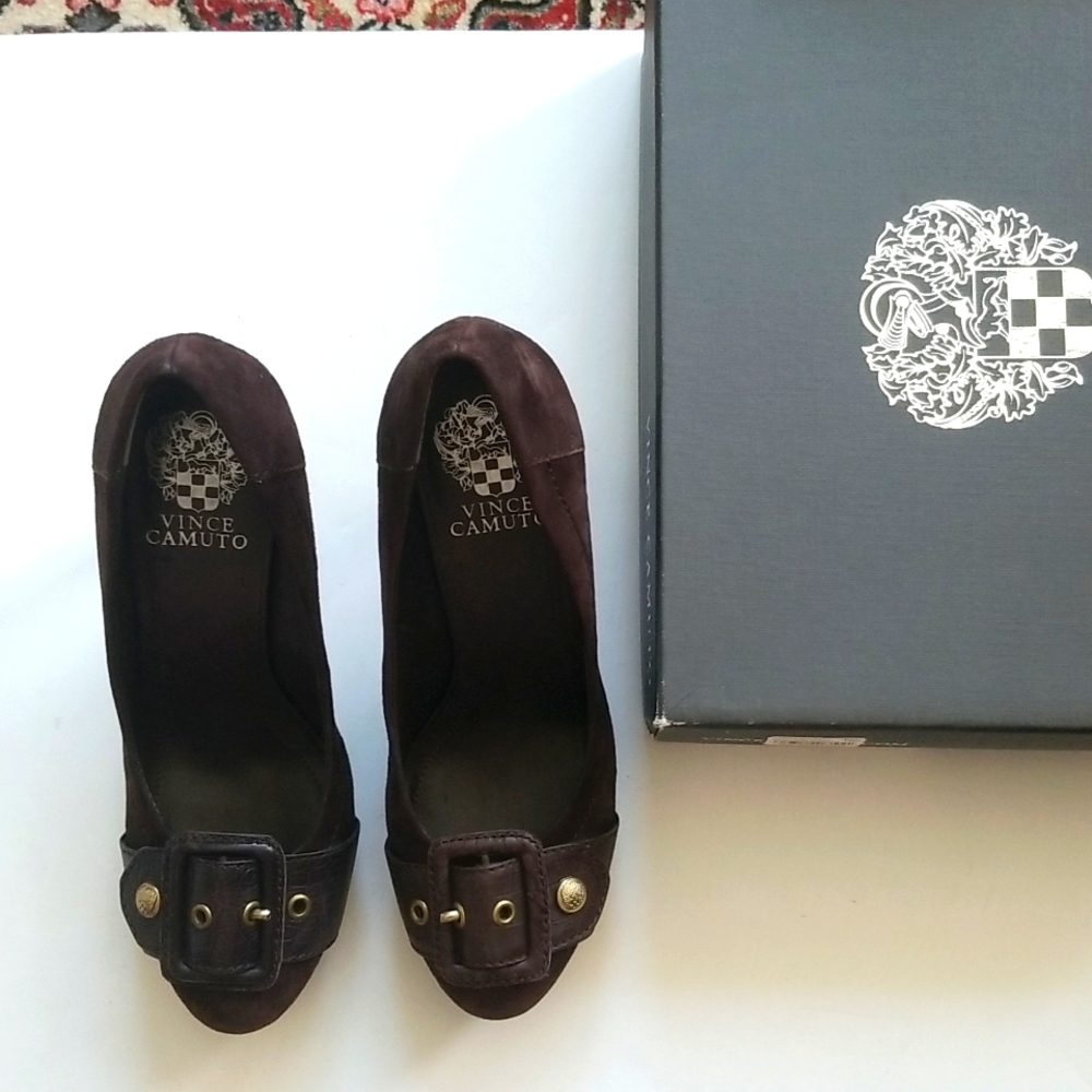 Vince Camuto Brown Leather Buckle Style Stiletto Heels Original Box Size 7.5
